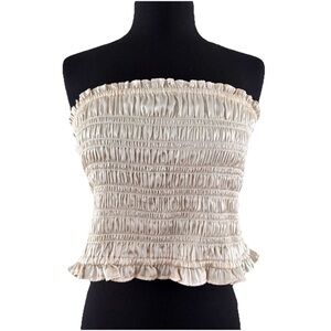 Free People Be Right Back Satin Smocked Tube Top Cream Strapless Shiny Chic Sz M